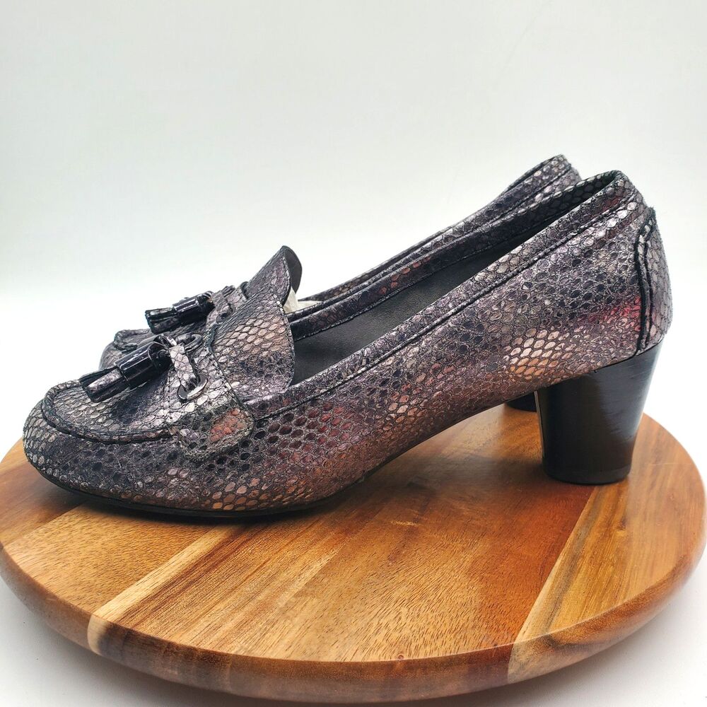 Stuart Weitzman Leather Block Heel Womens 8 Gray Black Metallic Snakeskin Tassel